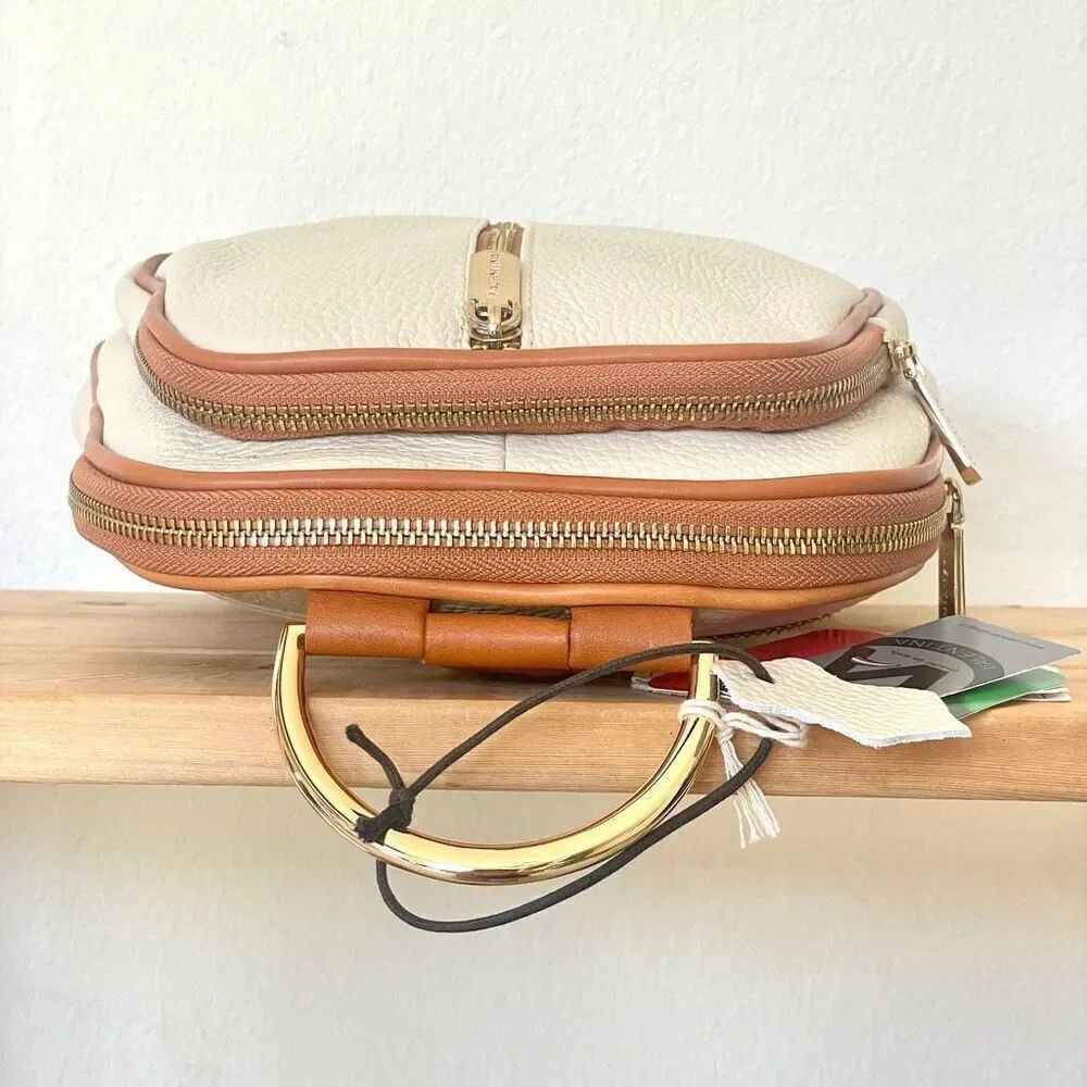 NWT Valentina Genuine Ivory & Tan Pebble Italian Leather Convertible Backpack
